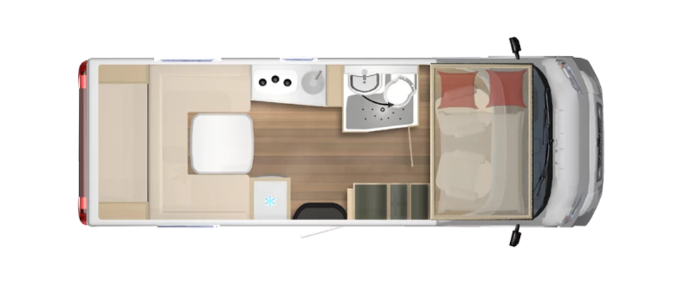 Grundriss eines Lyseo Gallery TD 649 G Wohnmobils mit Küche, Bad und Schlafbereich.