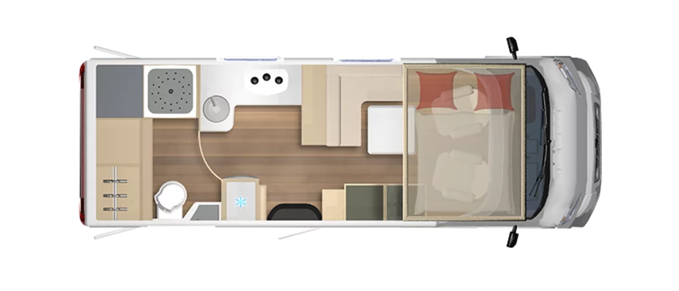 Grundriss eines Lyseo Gallery TD 689 G Wohnmobils mit Küche, Bad und Schlafbereich.