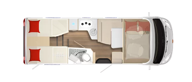 Grundriss eines Bürstner Lyseo I 690 G Wohnmobils mit Schlaf- und Wohnbereich.
