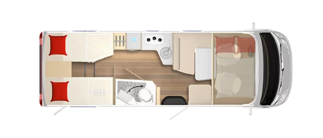 Grundriss eines Bürstner Lyseo I 726 G Wohnmobils mit Schlaf- und Wohnbereich.