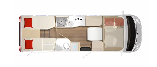 Grundriss des Wohnmobils Bürstner Lyseo I 727 G mit Schlafplätzen, Küche und Bad.