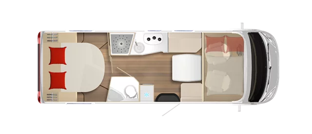 Grundriss eines Wohnmobils, Modell Lyseo I 736, mit Doppelbett, Küche, Bad und Sitzbereich.