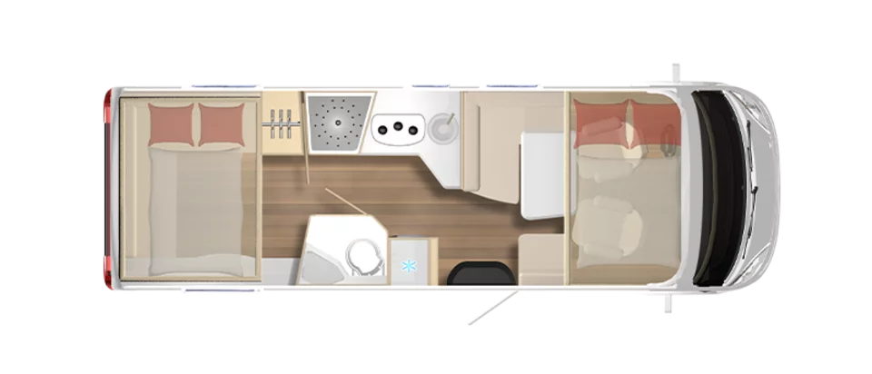 Grundriss des Wohnmobils Lyseo I 744 mit Doppelbetten und Küche.