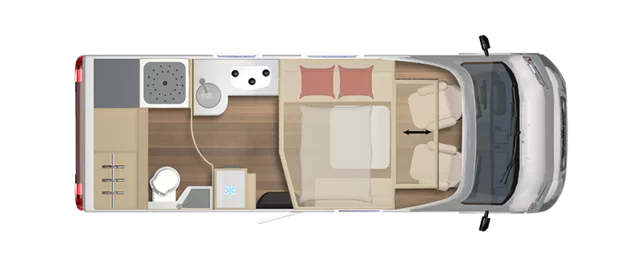 Grundriss eines Bürstner Lyseo TD 684 G Wohnmobils mit Küche, Bad, Bett und Sitzbereich.