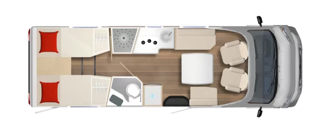 Grundriss des Bürstner Lyseo TD 727 Wohnmobils mit zwei Betten, Küche, Bad und Sitzbereich.