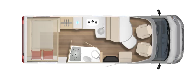 Grundriss eines Bürstner Lyseo T 744 Wohnmobils mit Schlafbereich, Küche und Bad.