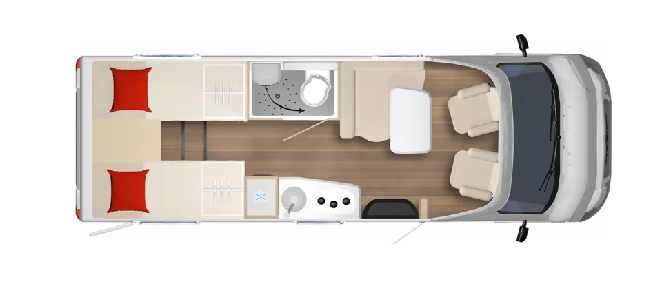 Grundriss eines Bürstner Lyseo Time Skyline 690G Wohnmobils mit Innenausstattung.