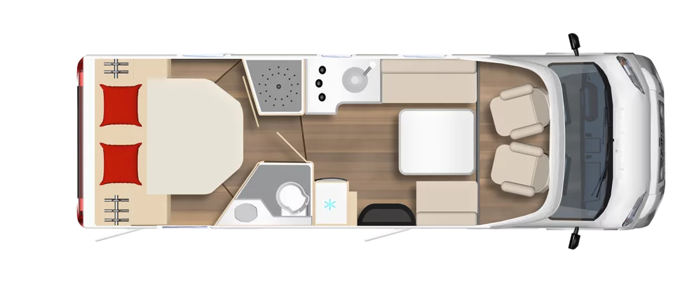 Grundriss des Wohnmobils Bürstner Lyseo Skyline Time 732 G mit Schlafbereich, Küche, Bad und Sitzgruppe.