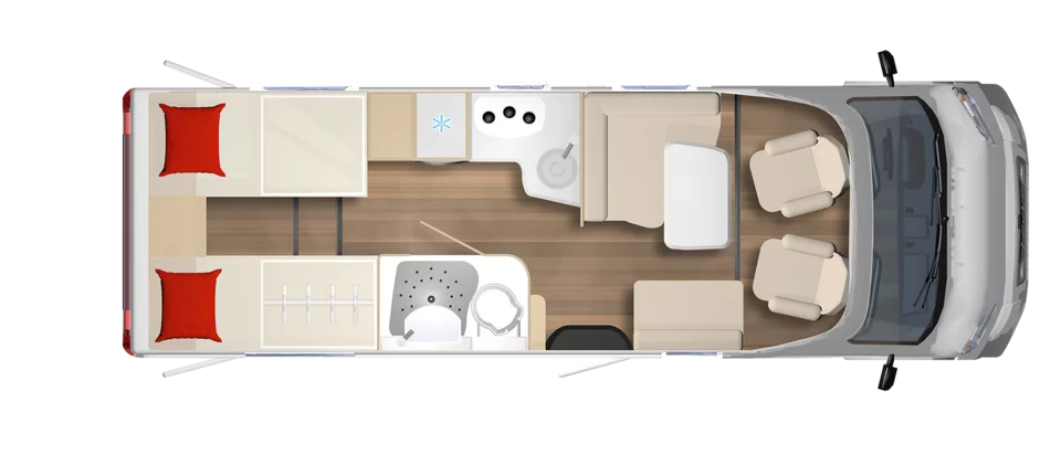 Grundriss eines Bürstner Lyseo Time Skyline 726G Wohnmobils mit Sitzbereichen, Küche und Bad.