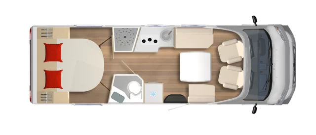 Grundriss des Wohnmobils Lyseo TD 736 mit Bett, Küche, Bad und Sitzbereich.