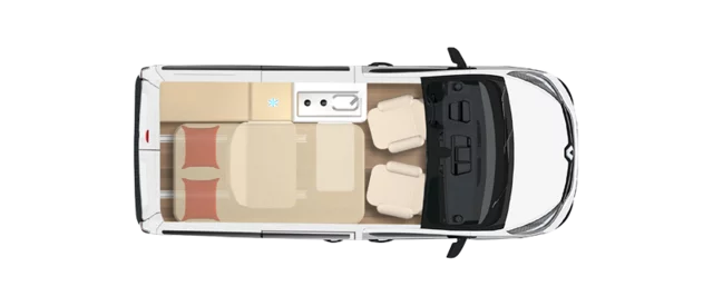 Grundriss eines Playa C500 Campers mit Sitzen, Bett und Küchenzeile.