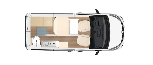Grundriss eines Playac530-Campers mit Sitzbereich, Küche und Bad.