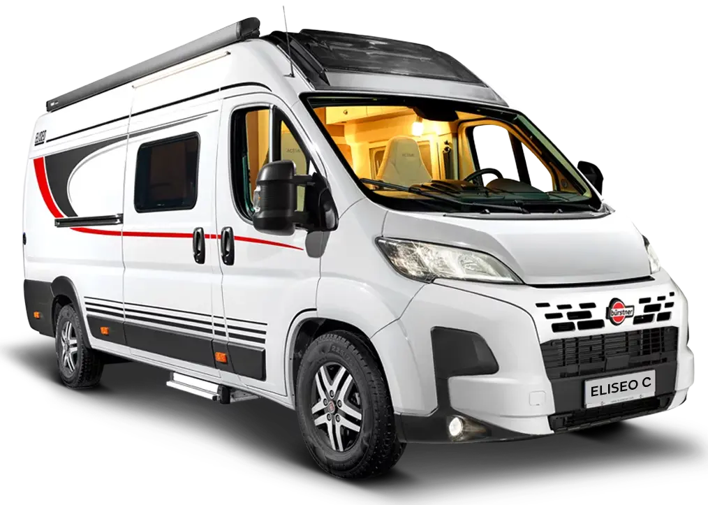 Wohnmobil Bürstner Eliseo C644 von 2024, seitlich fotografiert.