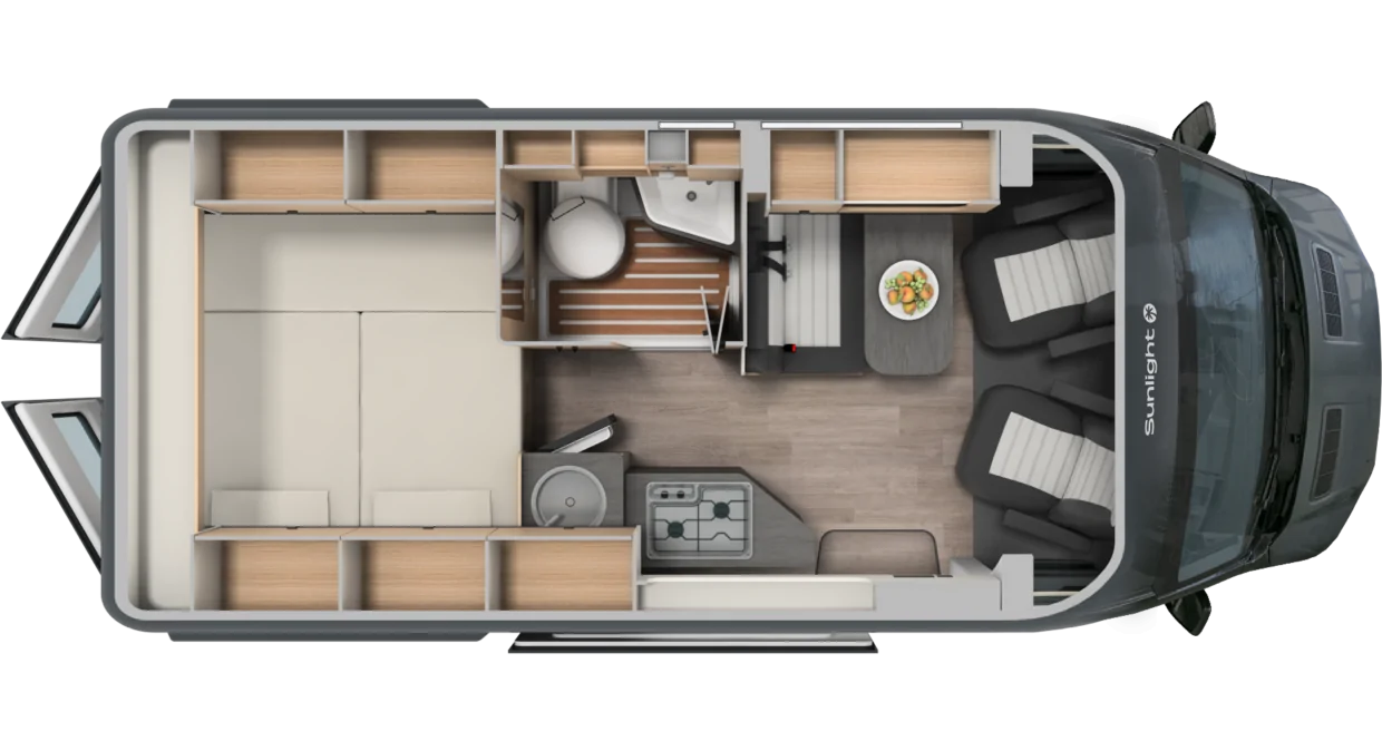 Grundriss eines Sunlight Cliff 590 Allrad Campers mit Schlafbereich, Küche und Sitzgruppe.