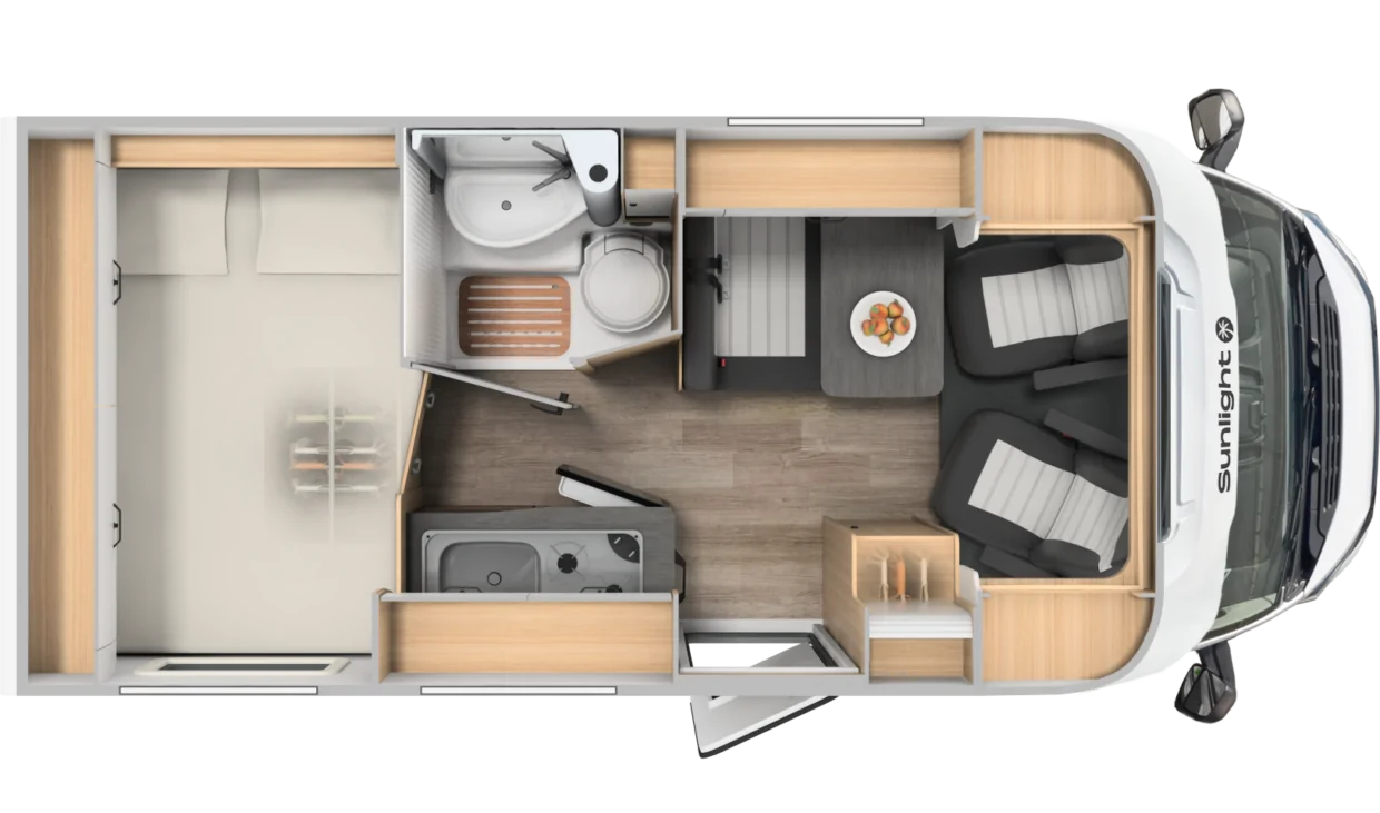 Grundriss des Sunlight V 60 Wohnmobils mit Küche, Bad und Sitzbereich.