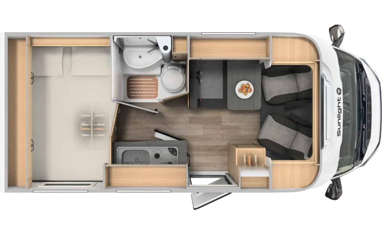 Grundriss des Sunlight V 60 Wohnmobils mit Schlafbereich, Bad, Küche und Sitzgruppe.