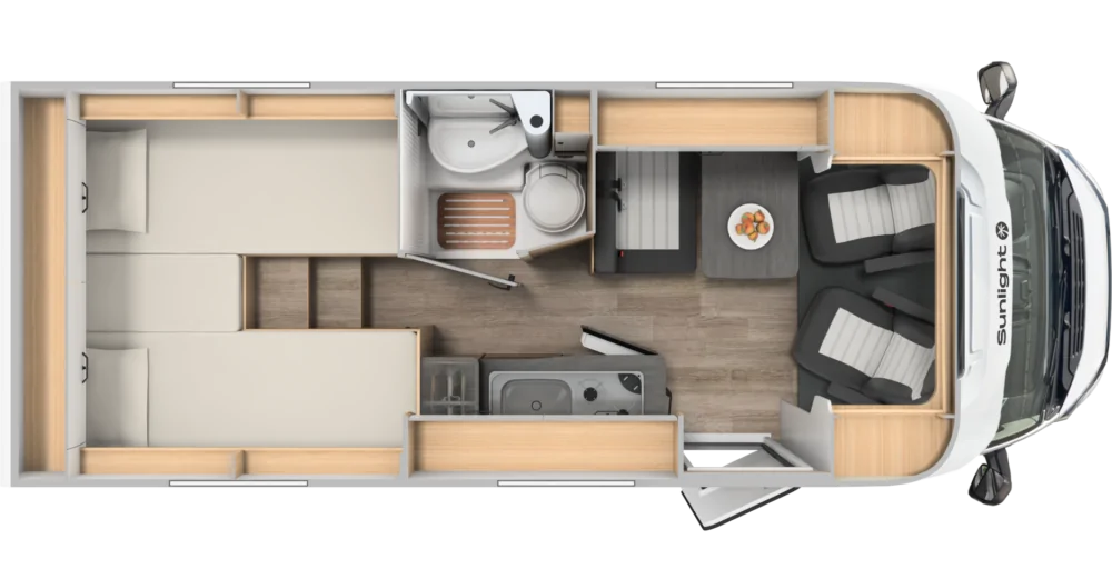 Grundriss des Sunlight V 66 Wohnmobils mit Sitzbereich, Küche und Bad.
