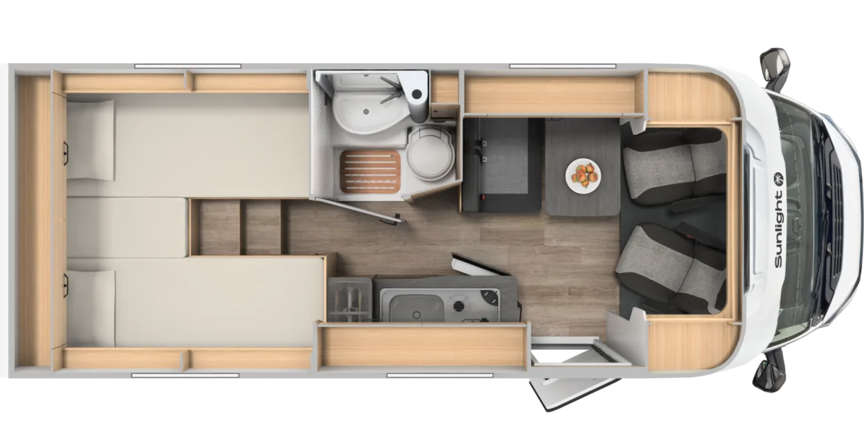Grundriss des Sunlight V 66 Wohnmobils mit Schlafbereich, Küche, Bad und Sitzgruppe.