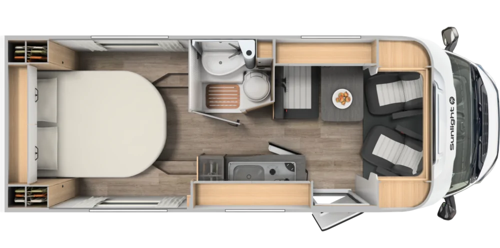 Innenansicht eines Sunlight V 69 Wohnmobils mit Schlafbereich, Küche, Bad und Sitzgruppe.
