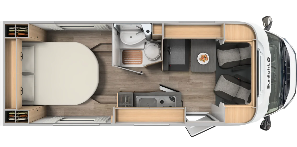 Innenraumlayout eines Sunlight V 69 Wohnmobils mit Bett, Bad, Küche und Sitzbereich.