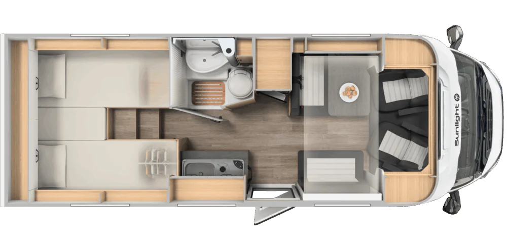 Grundriss des Sunlight V 67 S Adventure Wohnmobils mit Betten, Küche und Bad.