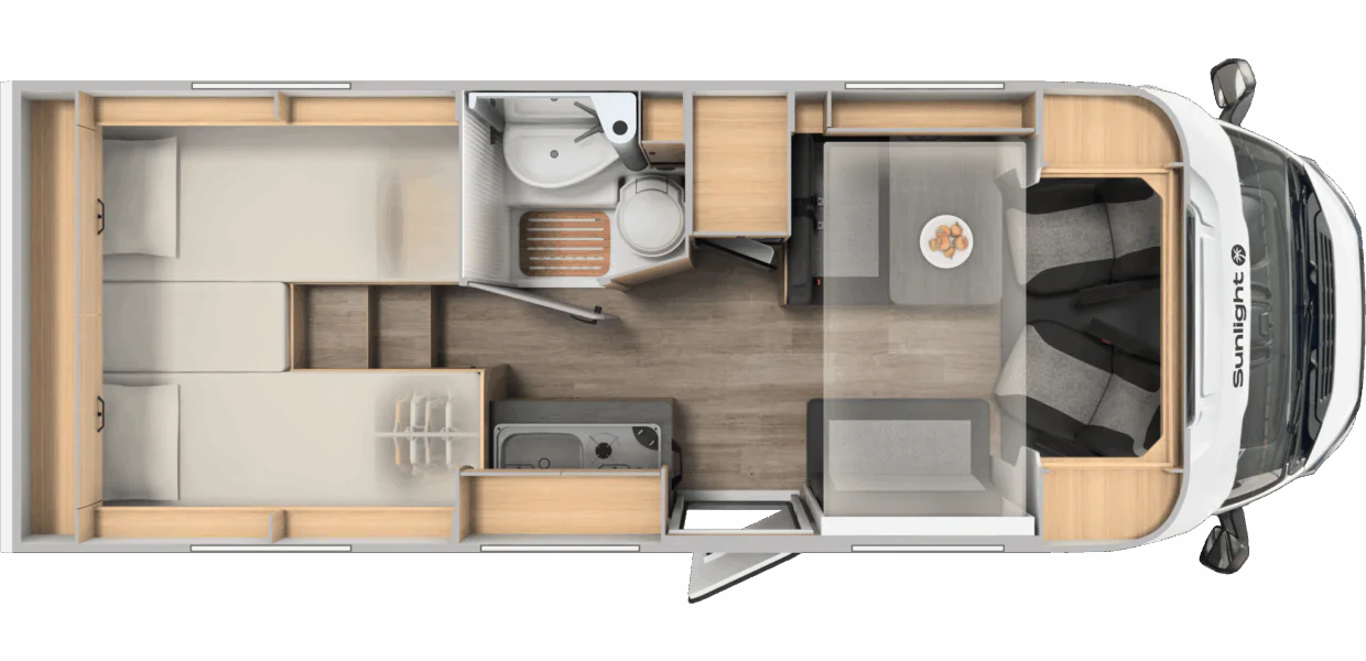 Grundriss des Wohnmobils Sunlight V 67 S mit Schlafbereich, Küche, Bad und Sitzbereich.