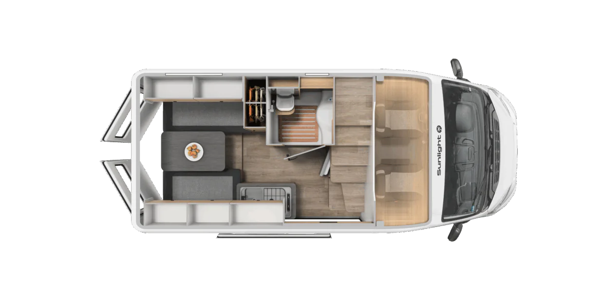 Grundriss des Sunlight CV Cliff 540 Wohnmobils mit Sitzbereich, Küche und Bad.