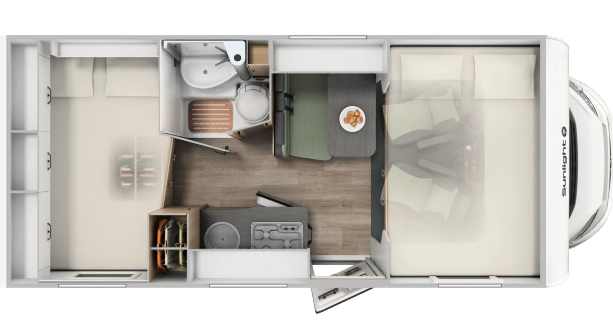 Grundriss des Sunlight A60 Alkoven-Wohnmobils mit Bad, Küche und Sitzecke.