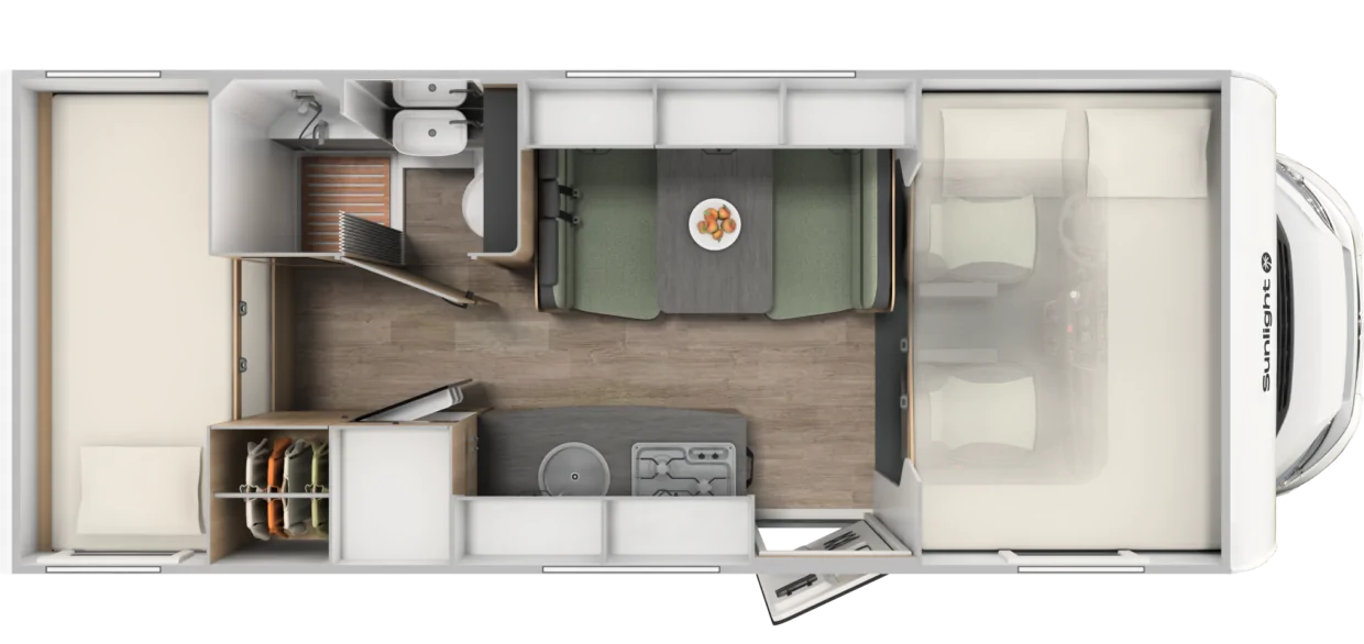 Grundriss des Sunlight A68 Alkoven-Wohnmobils mit Sitzbereich, Küche, Bad und Schlafplätzen.
