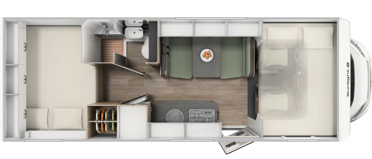 Grundriss des Sunlight Alkoven A70 Wohnmobils mit Schlafbereich, Küche, Bad und Sitzgruppe.