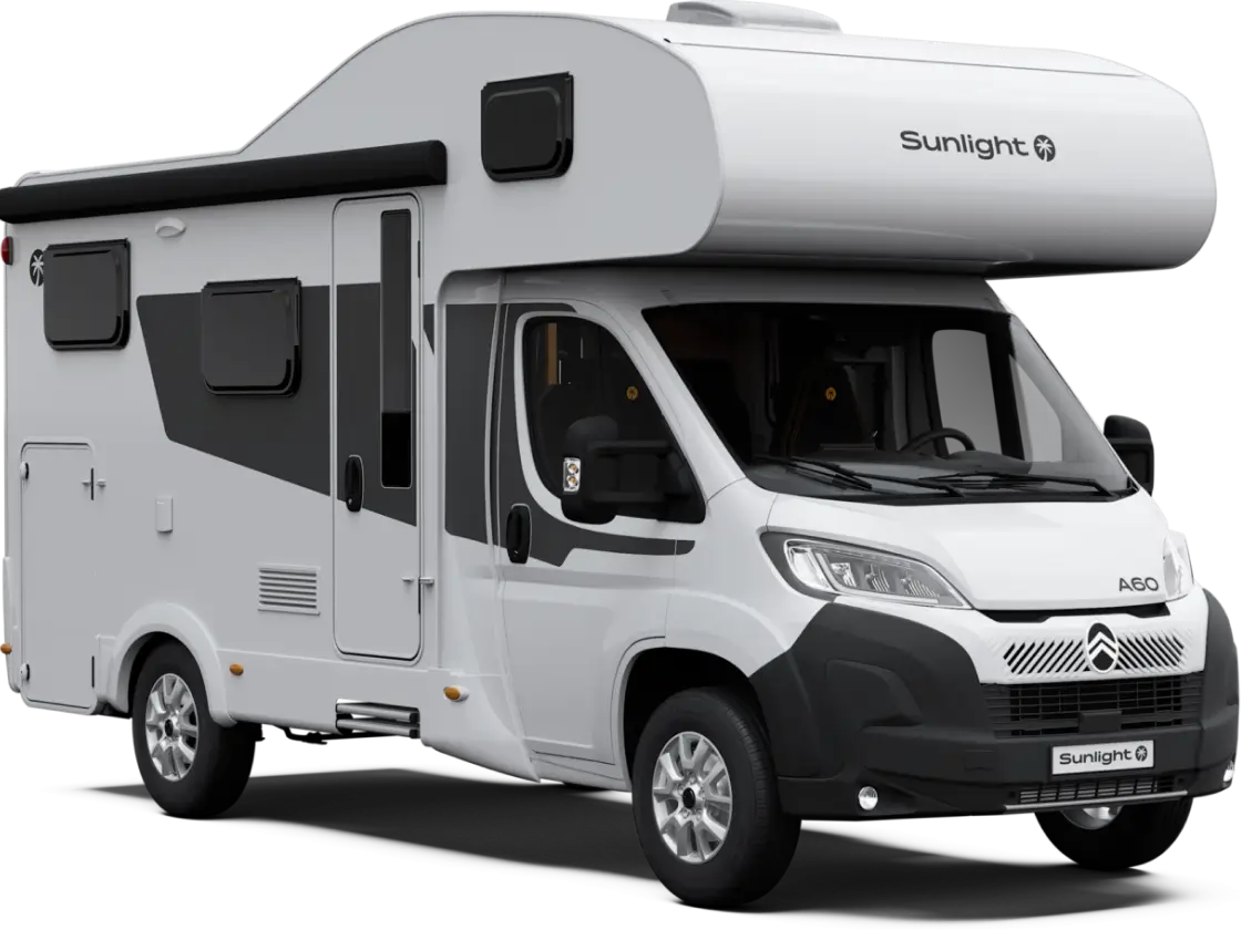 Wohnmobil Sunlight A60 mit Alkoven von Citroën, seitliche Ansicht.