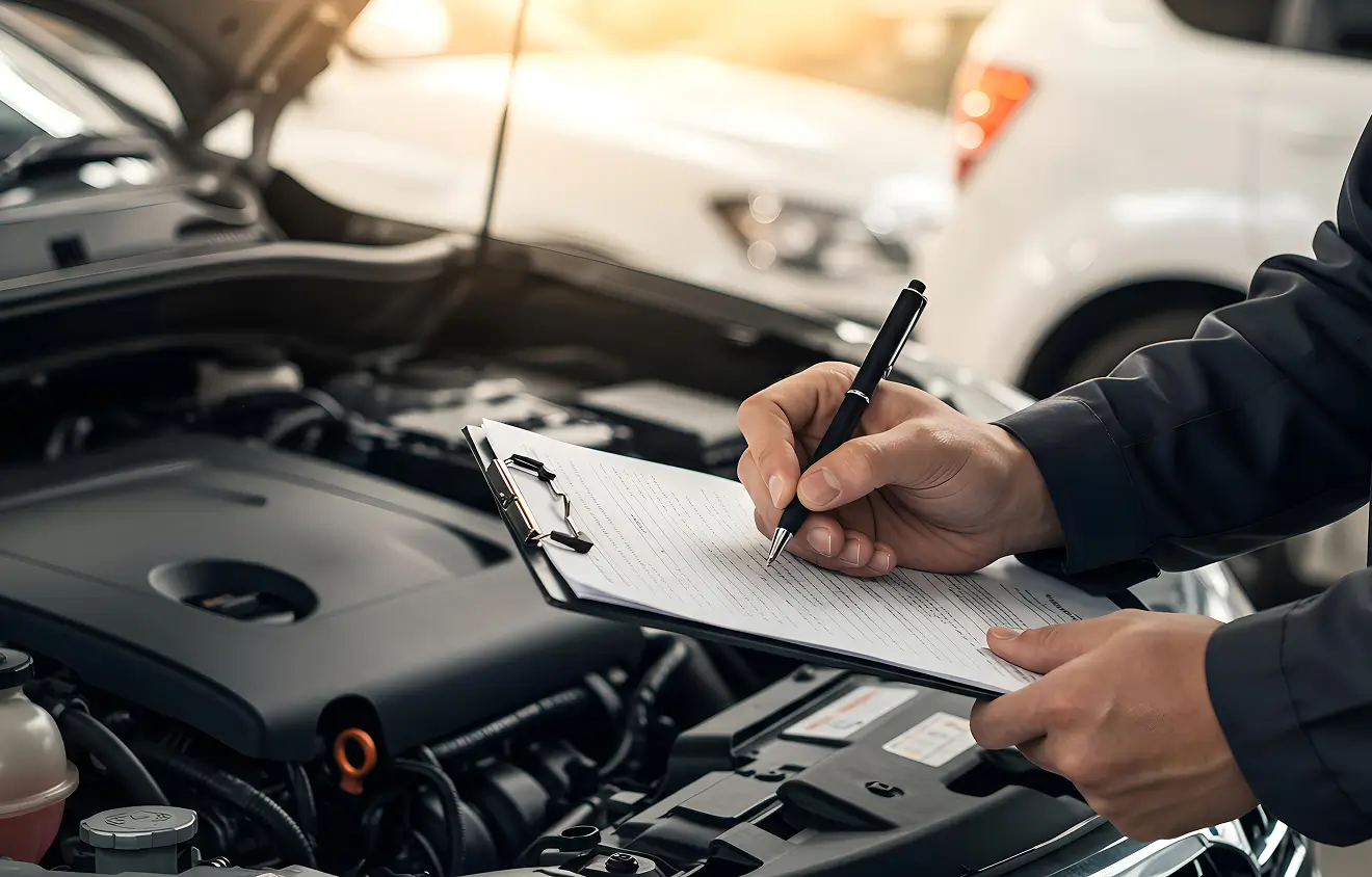 Person überprüft ein Auto mit einem Klemmbrett in der Hand.