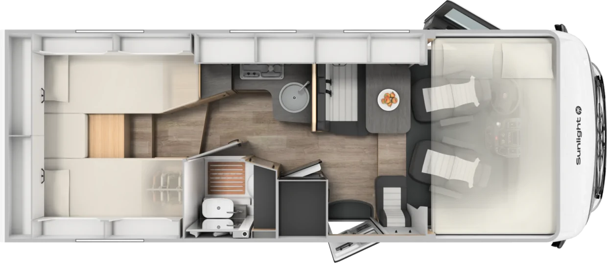 Grundriss des Sunlight Adventure I67s Wohnmobils mit Küche, Bad und Sitzbereich.