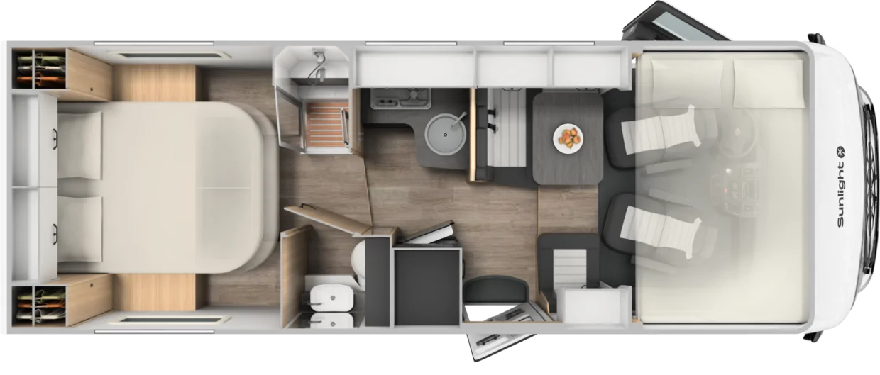 Grundriss des Sunlight Adventure I69L Wohnmobils mit Wohnbereich, Küche, Bad und Schlafbereich.
