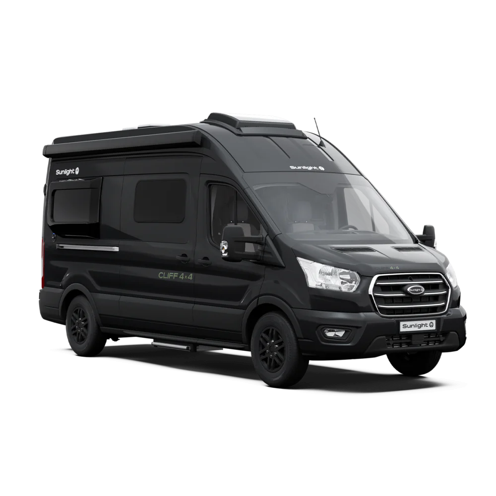 Schwarzer Sunlight Cliff 4x4 Campervan auf Ford-Basis.