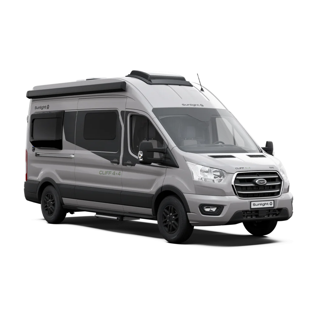 Ein grauer Sunlight Cliff 4x4 Campervan auf Ford-Basis.