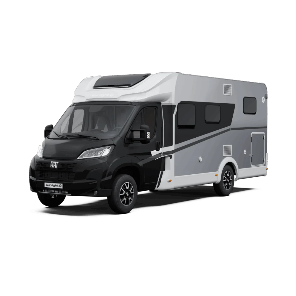 Fiat Sunlight T66S Wohnmobil, schwarz-weiß, Seitenansicht.