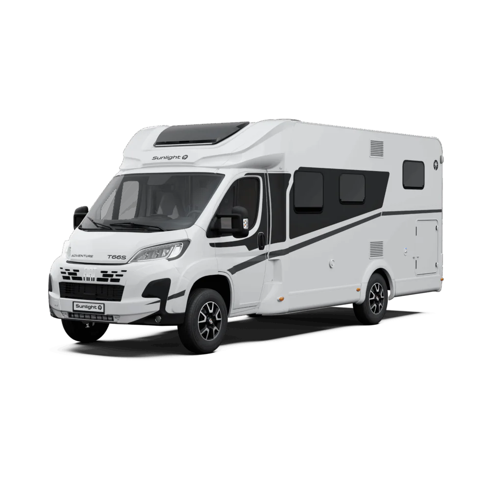 Weißes Sunlight T66S Wohnmobil, Seitenansicht.