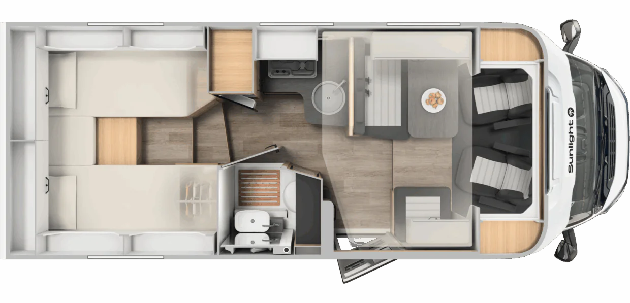 Grundriss des teilintegrierten Wohnmobils Sunlight Adventure T66s
