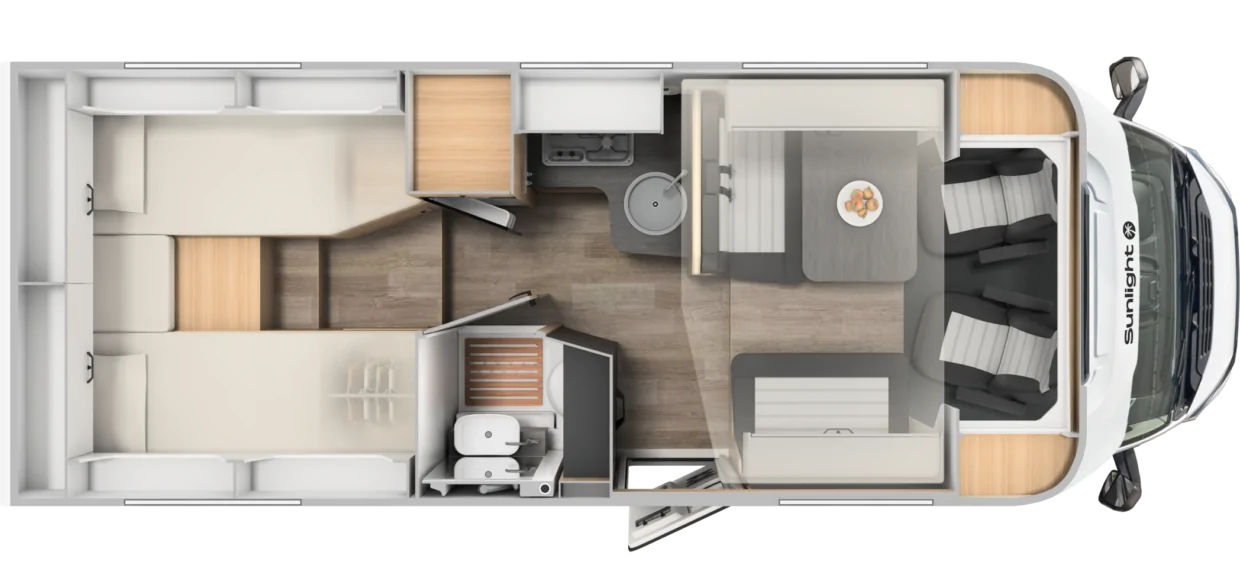 Grundriss des teilintegrierten Sunlight Adventure T67 Wohnmobils