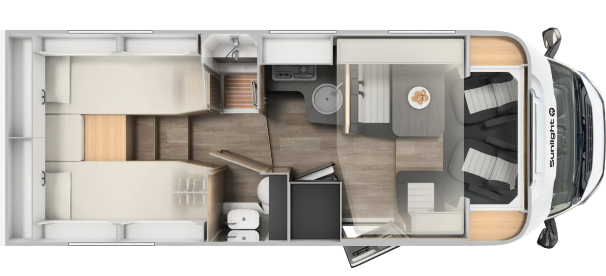 Grundriss des teilintegrierten Wohnmobils Sunlight Adventure T68