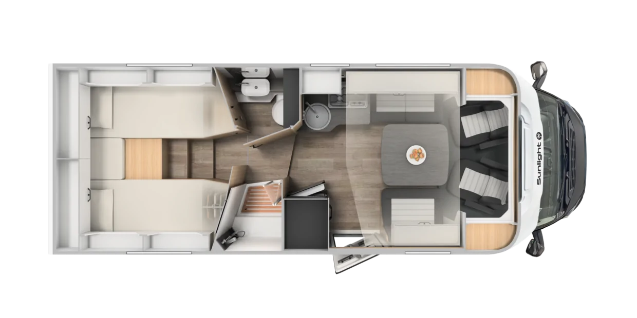 Grundriss eines teilintegrierten Sunlight Adventure T68c Wohnmobils