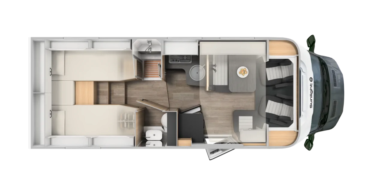 Grundriss eines teilintegrierten Ford Adventure Wohnmobils.