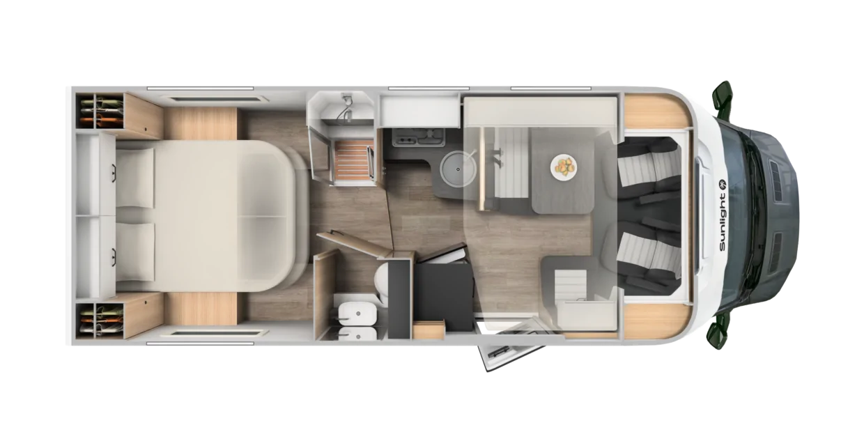 Grundriss eines teilintegrierten Ford Adventure Campers mit Doppelbett, Küche, Bad und Sitzbereich.
