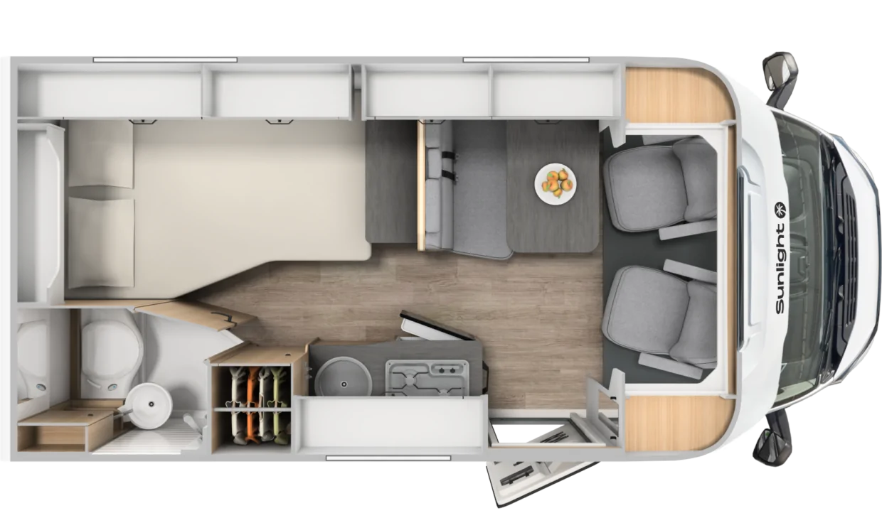 Grundriss eines teilintegrierten Sunlight T58 Wohnmobils mit Wohn-, Schlaf- und Sanitärbereich.