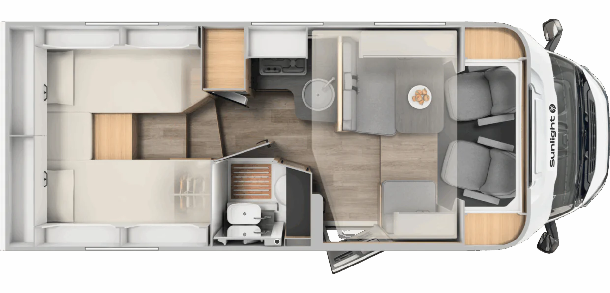 Grundriss des teilintegrierten Campers Sunlight T66 mit Wohn- und Schlafbereich.