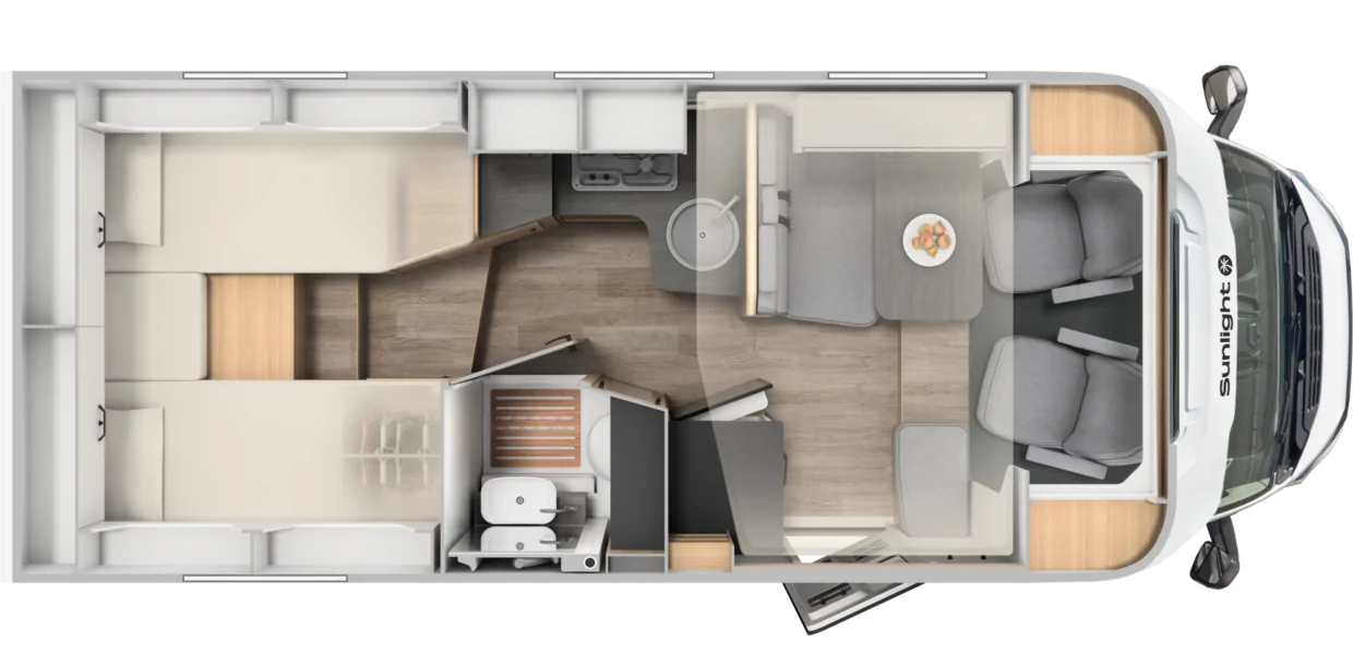 Grundriss des teilintegrierten Campers Sunlight T67S mit Wohn- und Schlafbereich.