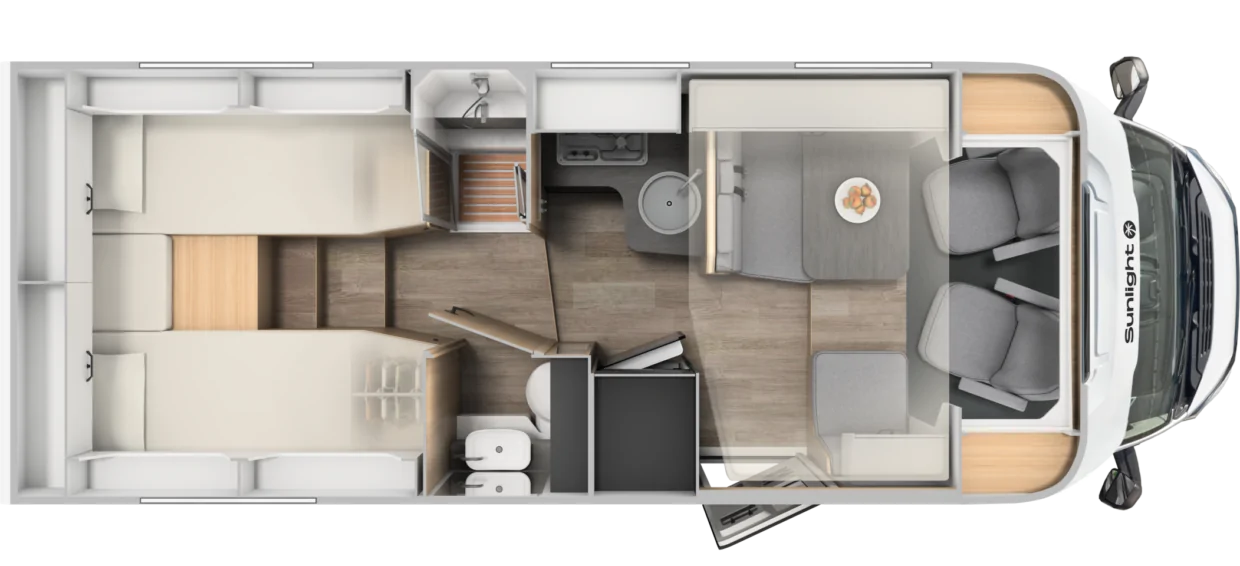 Grundriss des teilintegrierten Wohnmobils Sunlight T68 mit Innenraumaufteilung.
