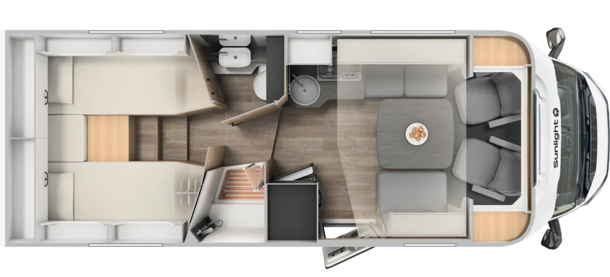 Grundriss des teilintegrierten Sunlight T68c Wohnmobils.