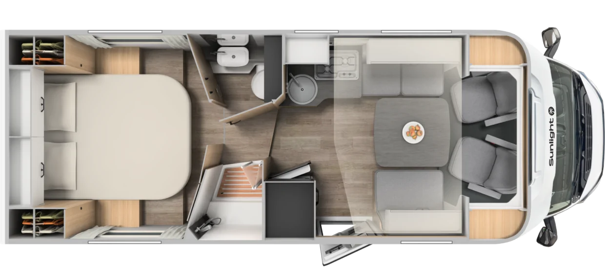Grundriss eines teilintegrierten Sunlight T69LC Wohnmobils mit Schlafbereich, Bad, Küche und Sitzgruppe.